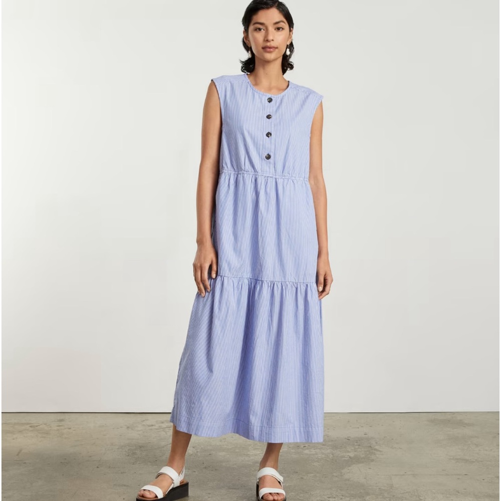Everlane Cotton Striped Tiered Midi Dress Blue/White Size Medium